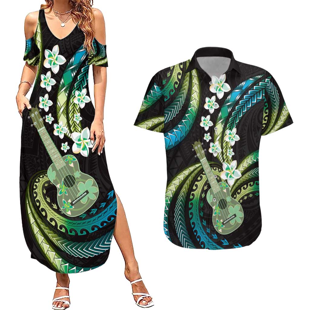Hawaiian Ukulele Couples Matching Summer Maxi Dress and Hawaiian Shirt Chartreuse Cyan Fantastic Plumeria