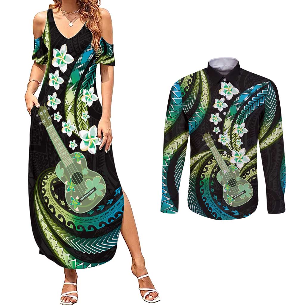 Hawaiian Ukulele Couples Matching Summer Maxi Dress and Long Sleeve Button Shirt Chartreuse Cyan Fantastic Plumeria