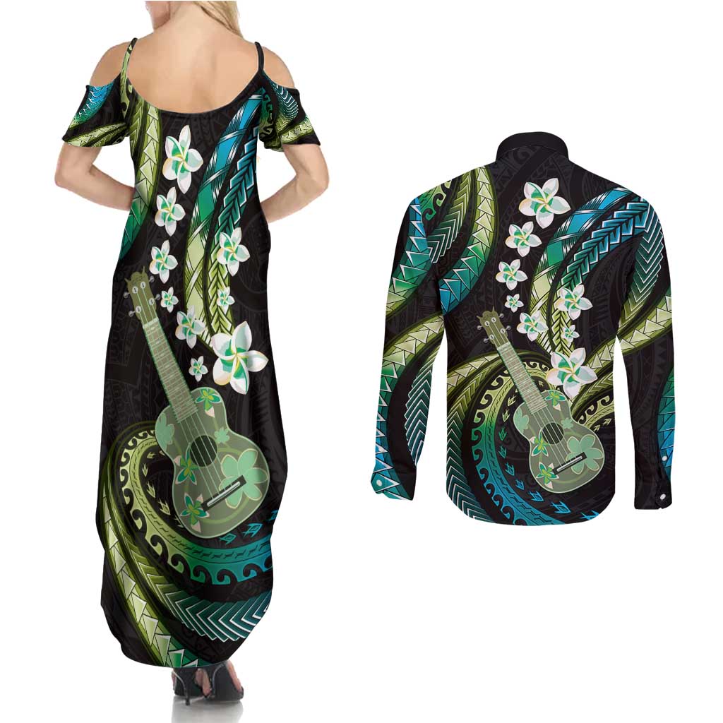 Hawaiian Ukulele Couples Matching Summer Maxi Dress and Long Sleeve Button Shirt Chartreuse Cyan Fantastic Plumeria