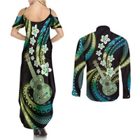 Hawaiian Ukulele Couples Matching Summer Maxi Dress and Long Sleeve Button Shirt Chartreuse Cyan Fantastic Plumeria
