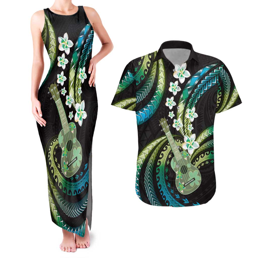 Hawaiian Ukulele Couples Matching Tank Maxi Dress and Hawaiian Shirt Chartreuse Cyan Fantastic Plumeria