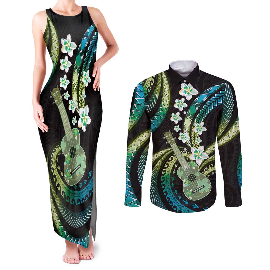 Hawaiian Ukulele Couples Matching Tank Maxi Dress and Long Sleeve Button Shirt Chartreuse Cyan Fantastic Plumeria
