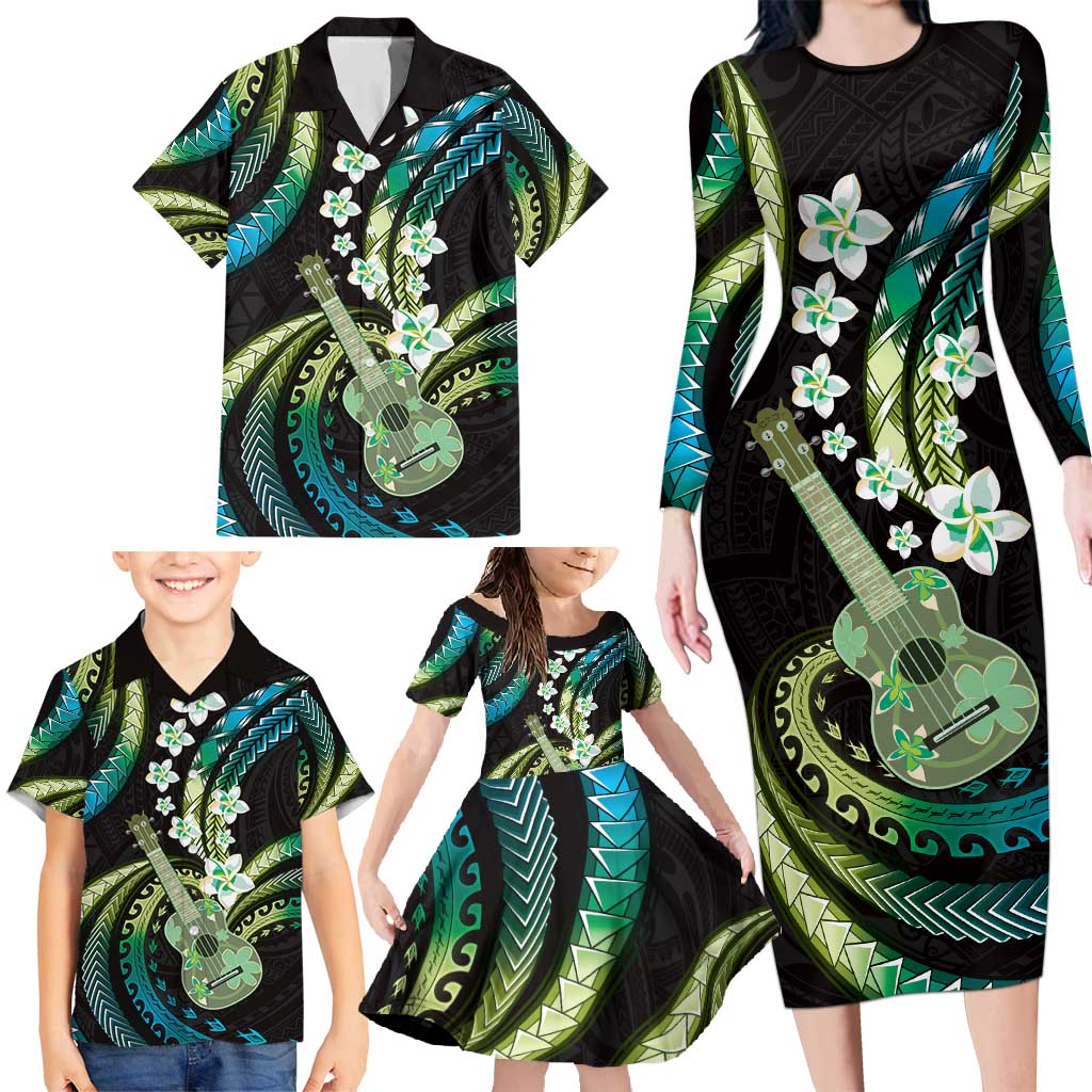Hawaiian Ukulele Family Matching Long Sleeve Bodycon Dress and Hawaiian Shirt Chartreuse Cyan Fantastic Plumeria LT01 - Polynesian Pride