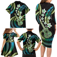 Hawaiian Ukulele Family Matching Long Sleeve Bodycon Dress and Hawaiian Shirt Chartreuse Cyan Fantastic Plumeria LT01 - Polynesian Pride
