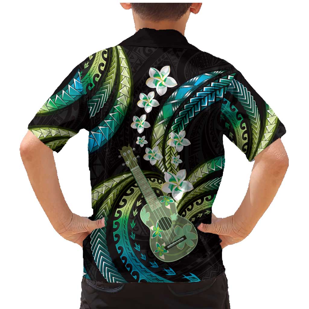 Hawaiian Ukulele Family Matching Mermaid Dress and Hawaiian Shirt Chartreuse Cyan Fantastic Plumeria LT01 - Polynesian Pride