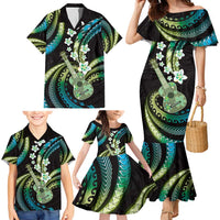 Hawaiian Ukulele Family Matching Mermaid Dress and Hawaiian Shirt Chartreuse Cyan Fantastic Plumeria LT01 - Polynesian Pride