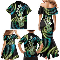 Hawaiian Ukulele Family Matching Mermaid Dress and Hawaiian Shirt Chartreuse Cyan Fantastic Plumeria LT01 - Polynesian Pride