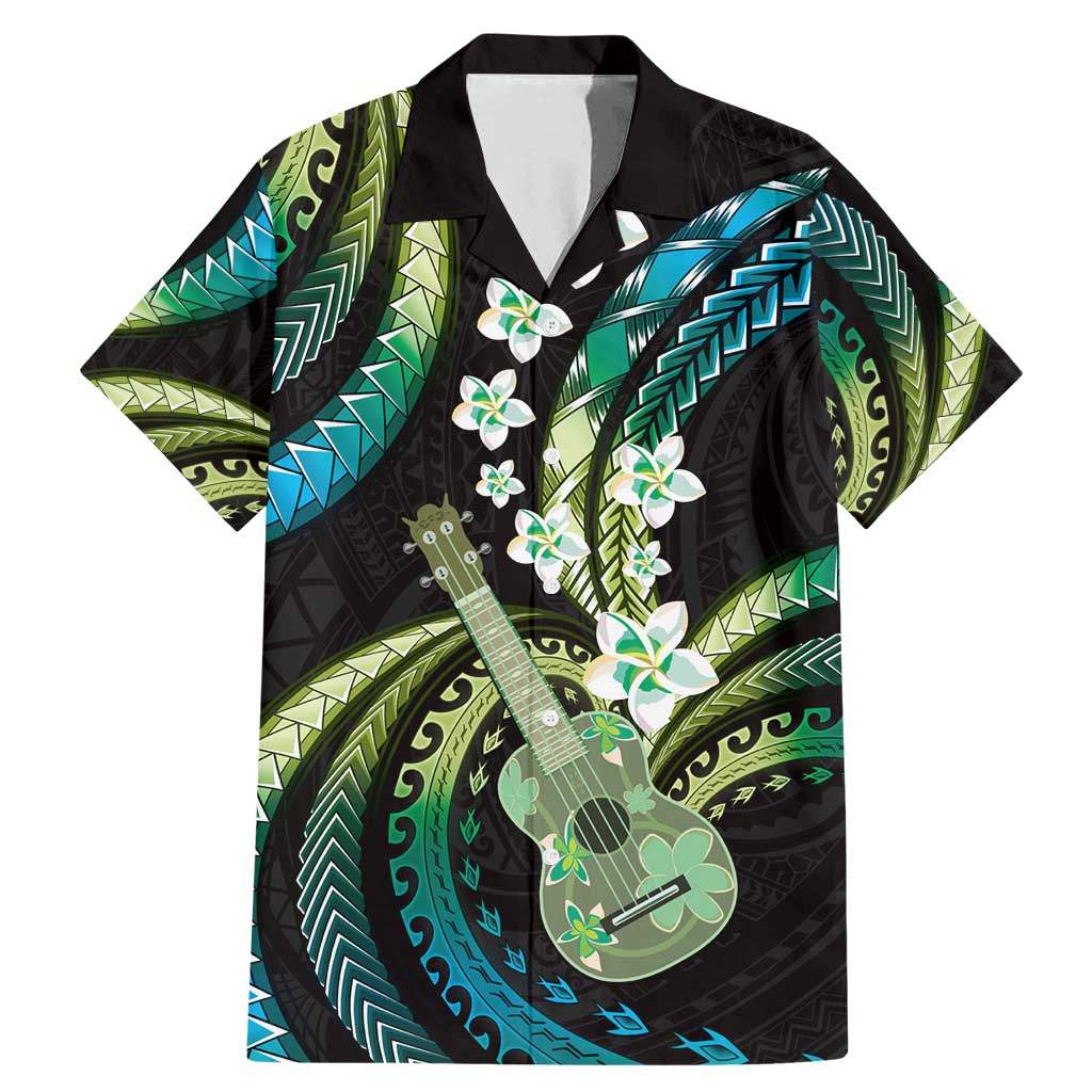 Hawaiian Ukulele Family Matching Mermaid Dress and Hawaiian Shirt Chartreuse Cyan Fantastic Plumeria LT01 Dad's Shirt - Short Sleeve Cyan - Polynesian Pride