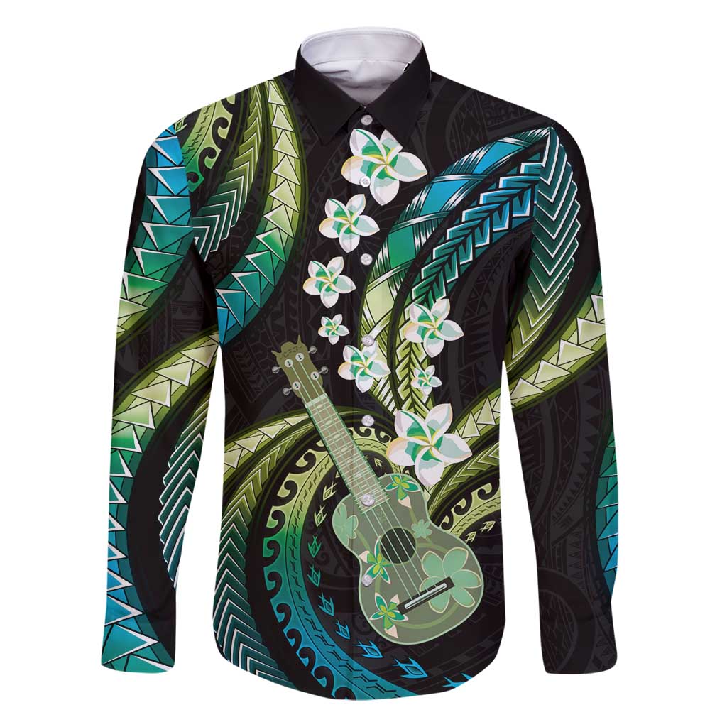 Hawaiian Ukulele Family Matching Mermaid Dress and Hawaiian Shirt Chartreuse Cyan Fantastic Plumeria LT01 Dad's Shirt - Long Sleeve Cyan - Polynesian Pride