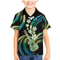 Hawaiian Ukulele Family Matching Mermaid Dress and Hawaiian Shirt Chartreuse Cyan Fantastic Plumeria LT01 Son's Shirt Cyan - Polynesian Pride