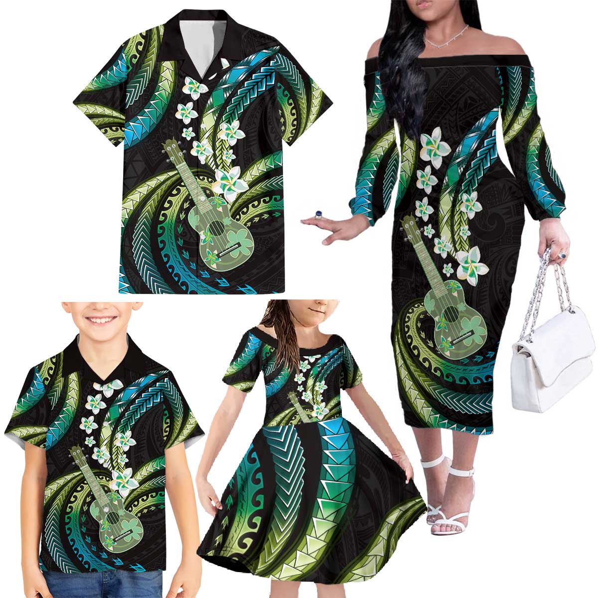 Hawaiian Ukulele Family Matching Off The Shoulder Long Sleeve Dress and Hawaiian Shirt Chartreuse Cyan Fantastic Plumeria LT01 - Polynesian Pride