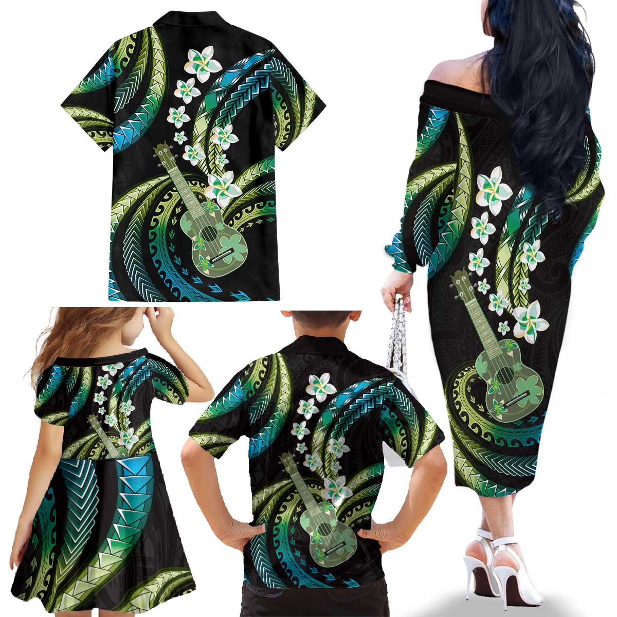 Hawaiian Ukulele Family Matching Off The Shoulder Long Sleeve Dress and Hawaiian Shirt Chartreuse Cyan Fantastic Plumeria LT01 - Polynesian Pride