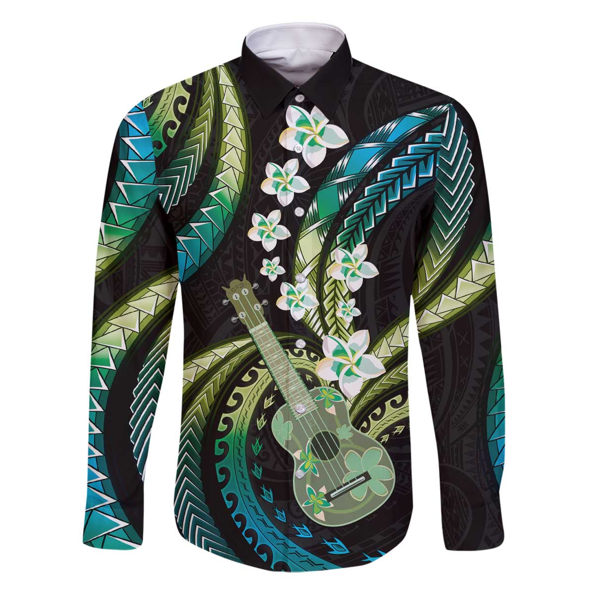 Hawaiian Ukulele Family Matching Off The Shoulder Long Sleeve Dress and Hawaiian Shirt Chartreuse Cyan Fantastic Plumeria LT01 Dad's Shirt - Long Sleeve Cyan - Polynesian Pride