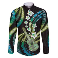 Hawaiian Ukulele Family Matching Off The Shoulder Long Sleeve Dress and Hawaiian Shirt Chartreuse Cyan Fantastic Plumeria LT01 Dad's Shirt - Long Sleeve Cyan - Polynesian Pride