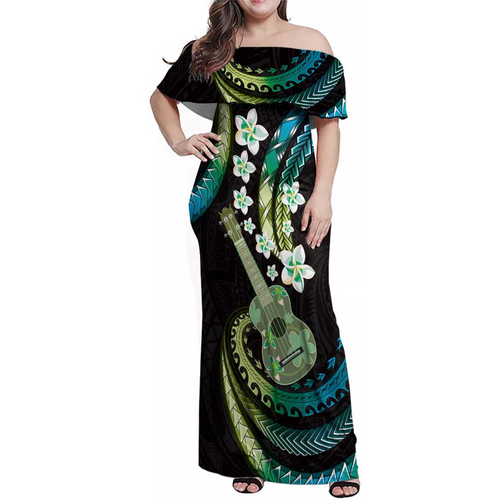 Hawaiian Ukulele Family Matching Off Shoulder Maxi Dress and Hawaiian Shirt Chartreuse Cyan Fantastic Plumeria LT01 Mom's Dress Cyan - Polynesian Pride