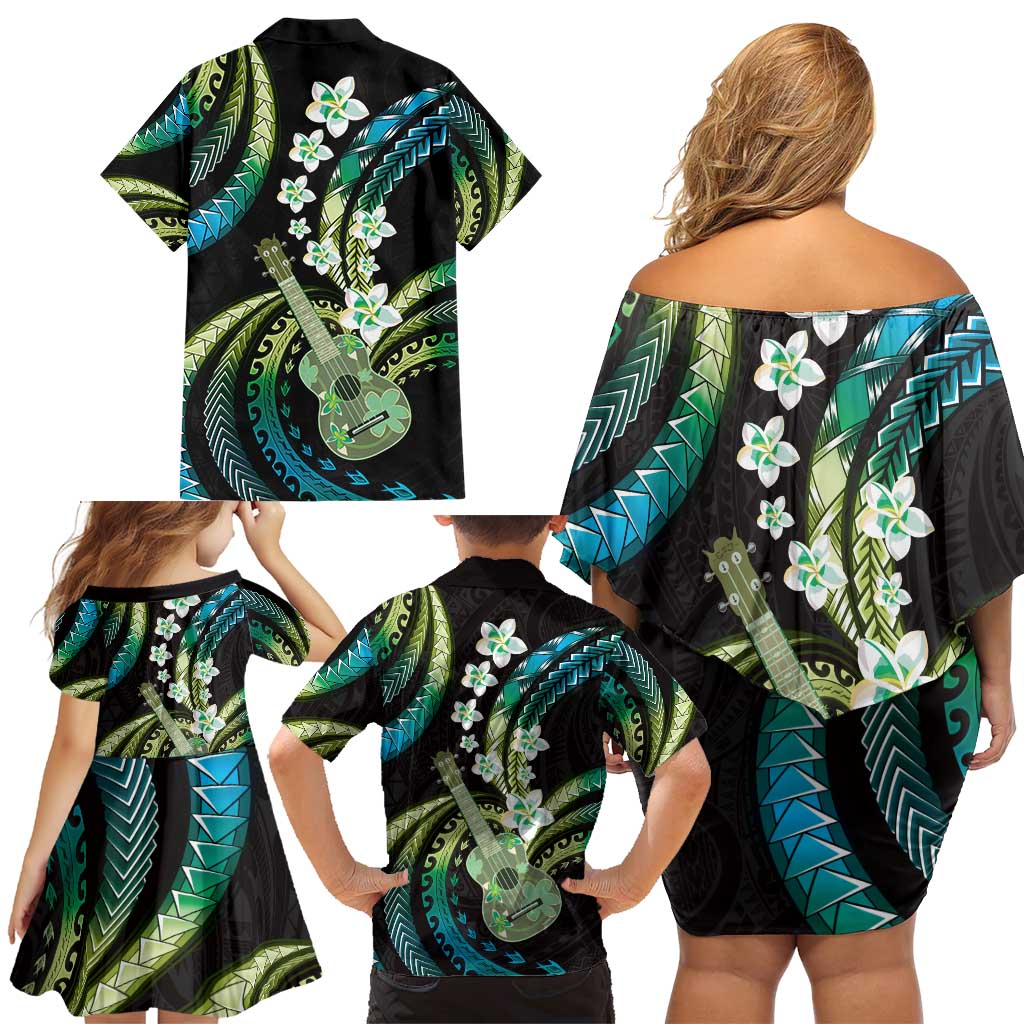 Hawaiian Ukulele Family Matching Off Shoulder Short Dress and Hawaiian Shirt Chartreuse Cyan Fantastic Plumeria LT01 - Polynesian Pride