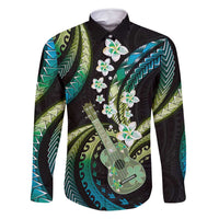 Hawaiian Ukulele Family Matching Off Shoulder Short Dress and Hawaiian Shirt Chartreuse Cyan Fantastic Plumeria LT01 Dad's Shirt - Long Sleeve Cyan - Polynesian Pride