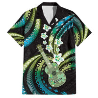 Hawaiian Ukulele Family Matching Puletasi and Hawaiian Shirt Chartreuse Cyan Fantastic Plumeria LT01 Dad's Shirt - Short Sleeve Cyan - Polynesian Pride
