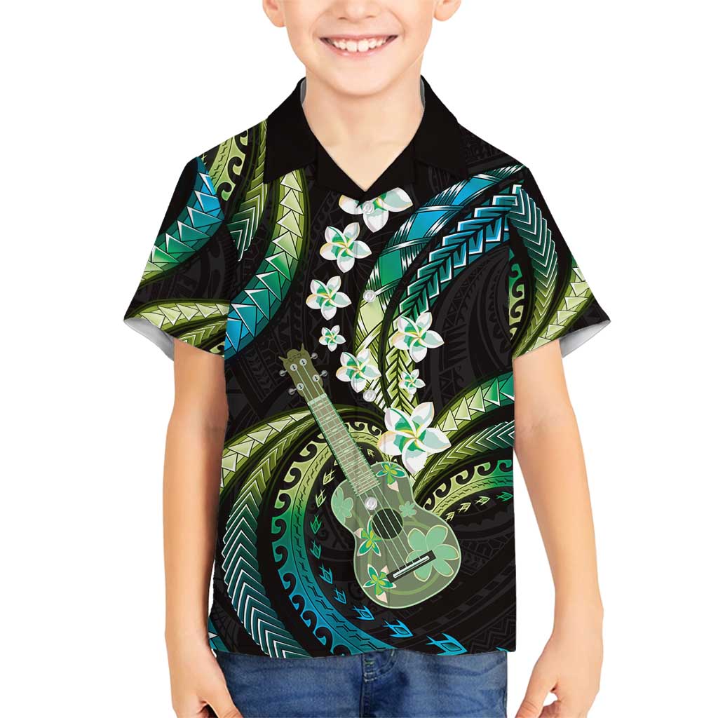 Hawaiian Ukulele Family Matching Puletasi and Hawaiian Shirt Chartreuse Cyan Fantastic Plumeria LT01 Son's Shirt Cyan - Polynesian Pride