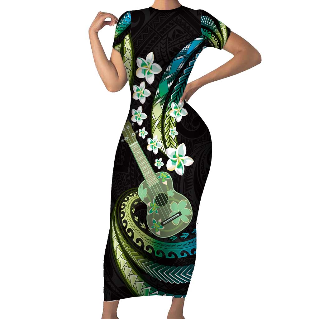 Hawaiian Ukulele Family Matching Short Sleeve Bodycon Dress and Hawaiian Shirt Chartreuse Cyan Fantastic Plumeria LT01 Mom's Dress Cyan - Polynesian Pride