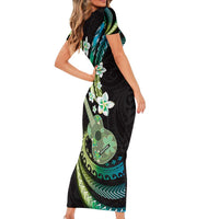 Hawaiian Ukulele Family Matching Short Sleeve Bodycon Dress and Hawaiian Shirt Chartreuse Cyan Fantastic Plumeria LT01 - Polynesian Pride