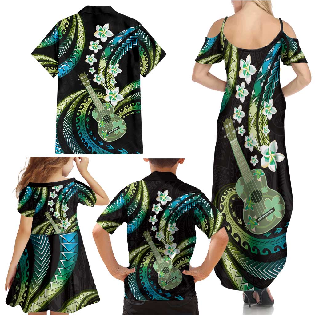 Hawaiian Ukulele Family Matching Summer Maxi Dress and Hawaiian Shirt Chartreuse Cyan Fantastic Plumeria LT01 - Polynesian Pride