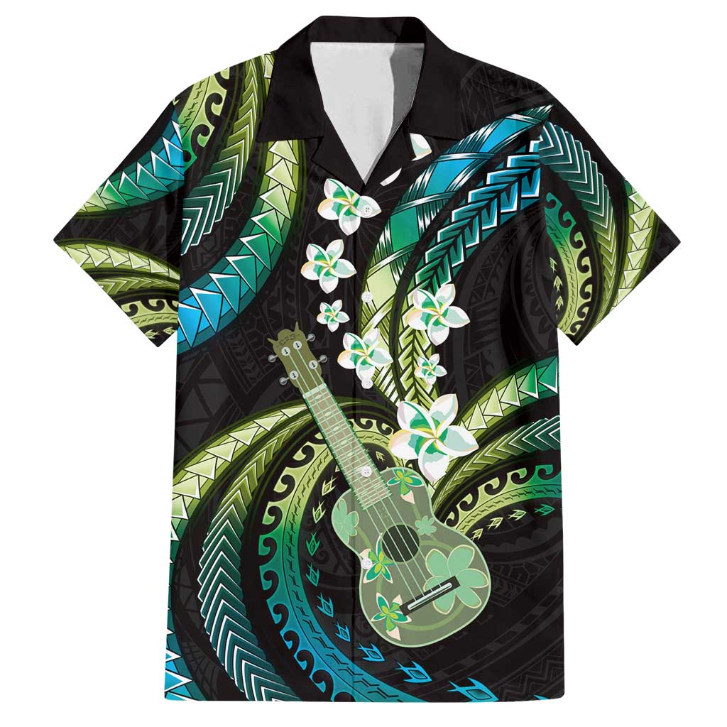 Hawaiian Ukulele Family Matching Summer Maxi Dress and Hawaiian Shirt Chartreuse Cyan Fantastic Plumeria LT01 Dad's Shirt - Short Sleeve Cyan - Polynesian Pride