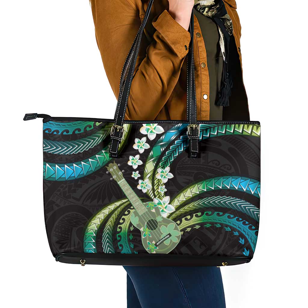 Hawaiian Ukulele Leather Tote Bag Chartreuse Cyan Fantastic Plumeria