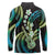Hawaiian Ukulele Long Sleeve Polo Shirt Chartreuse Cyan Fantastic Plumeria