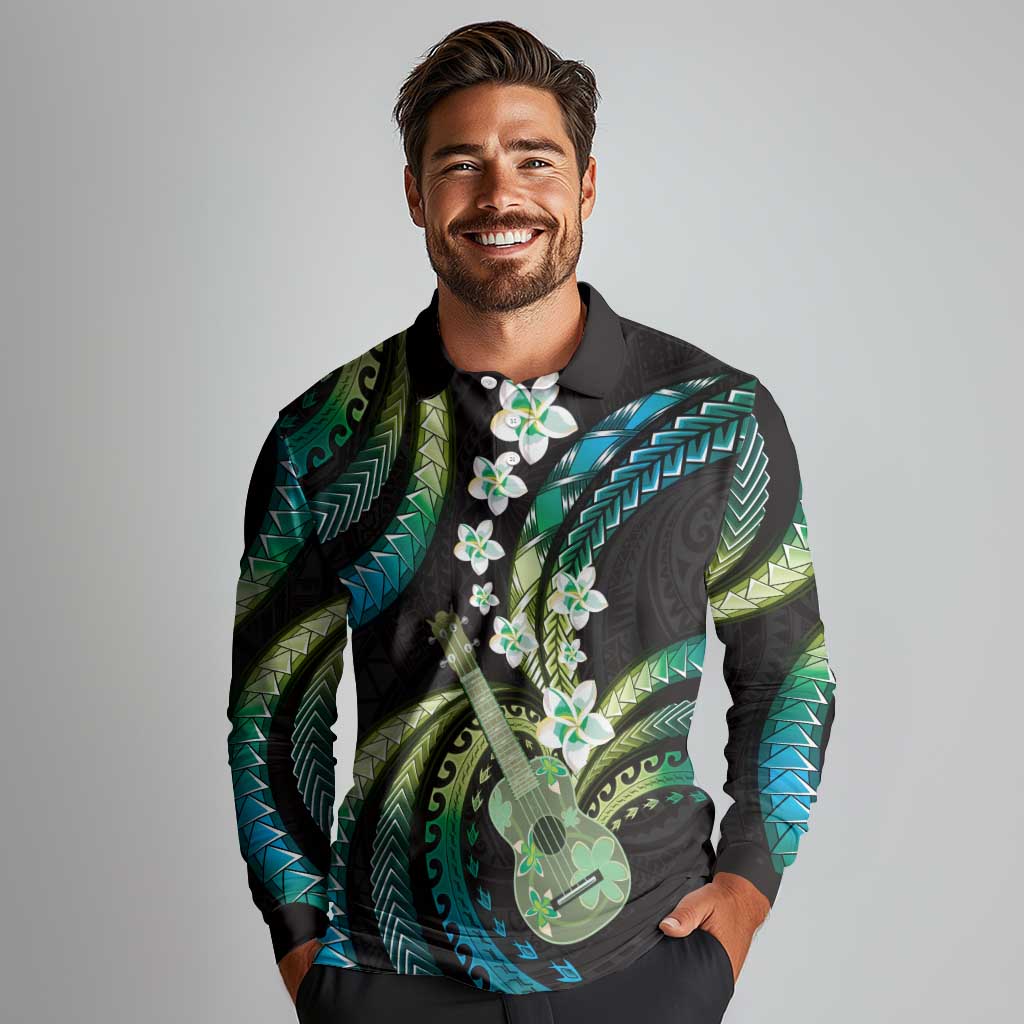 Hawaiian Ukulele Long Sleeve Polo Shirt Chartreuse Cyan Fantastic Plumeria