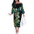 Hawaiian Ukulele Off The Shoulder Long Sleeve Dress Chartreuse Cyan Fantastic Plumeria