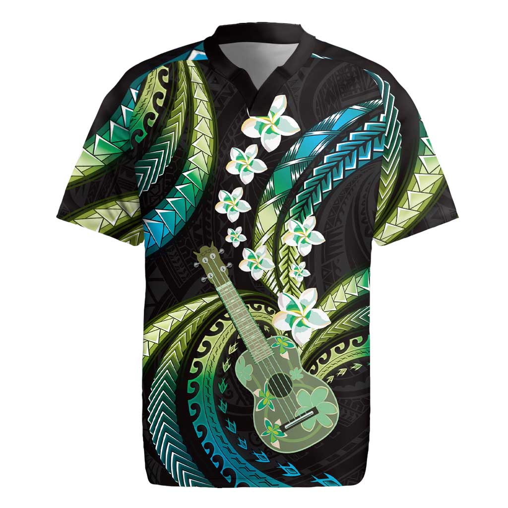 Hawaiian Ukulele Rugby Jersey Chartreuse Cyan Fantastic Plumeria