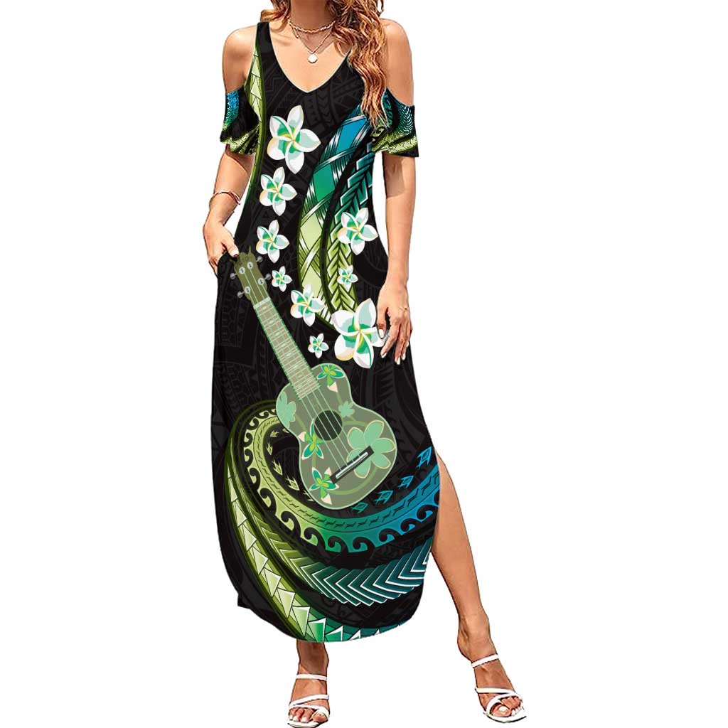 Hawaiian Ukulele Summer Maxi Dress Chartreuse Cyan Fantastic Plumeria