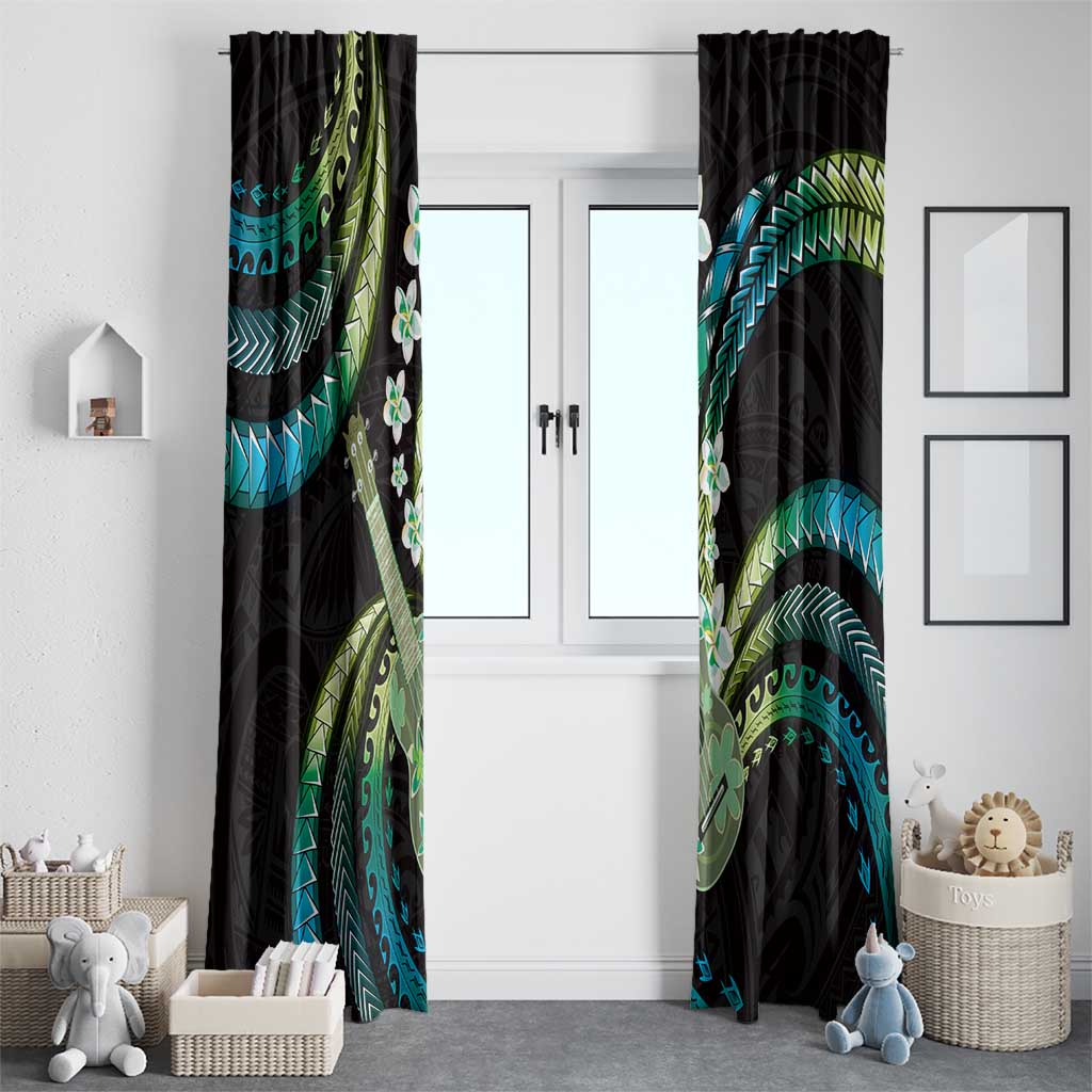 Hawaiian Ukulele Window Curtain Chartreuse Cyan Fantastic Plumeria