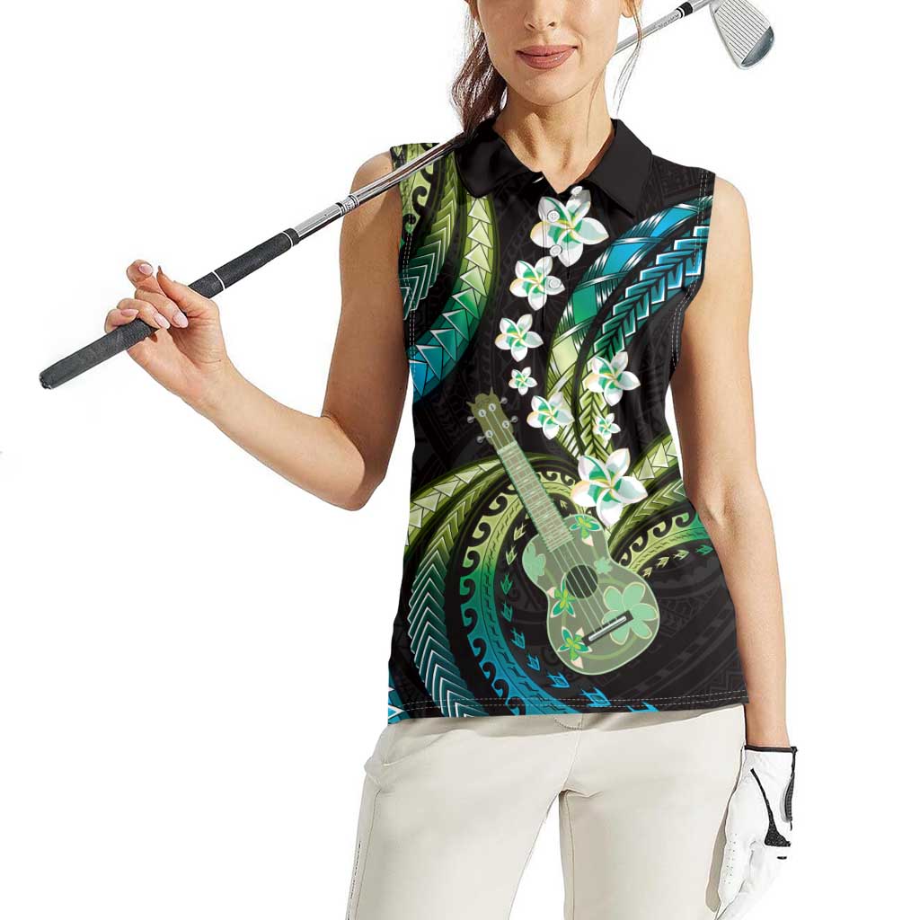 Hawaiian Ukulele Women Sleeveless Polo Shirt Chartreuse Cyan Fantastic Plumeria