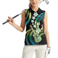 Hawaiian Ukulele Women Sleeveless Polo Shirt Chartreuse Cyan Fantastic Plumeria