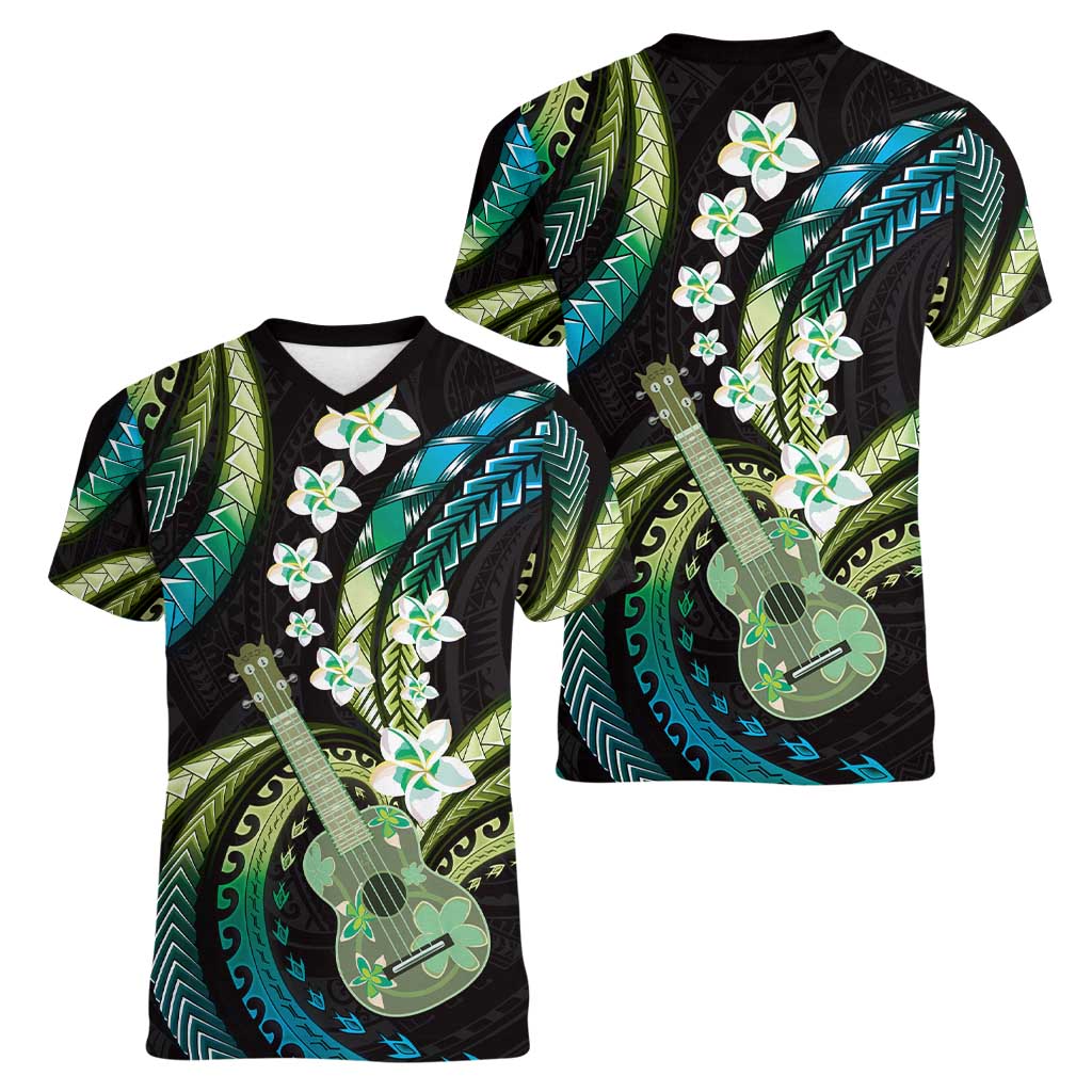 Hawaiian Ukulele Women V-Neck T-Shirt Chartreuse Cyan Fantastic Plumeria