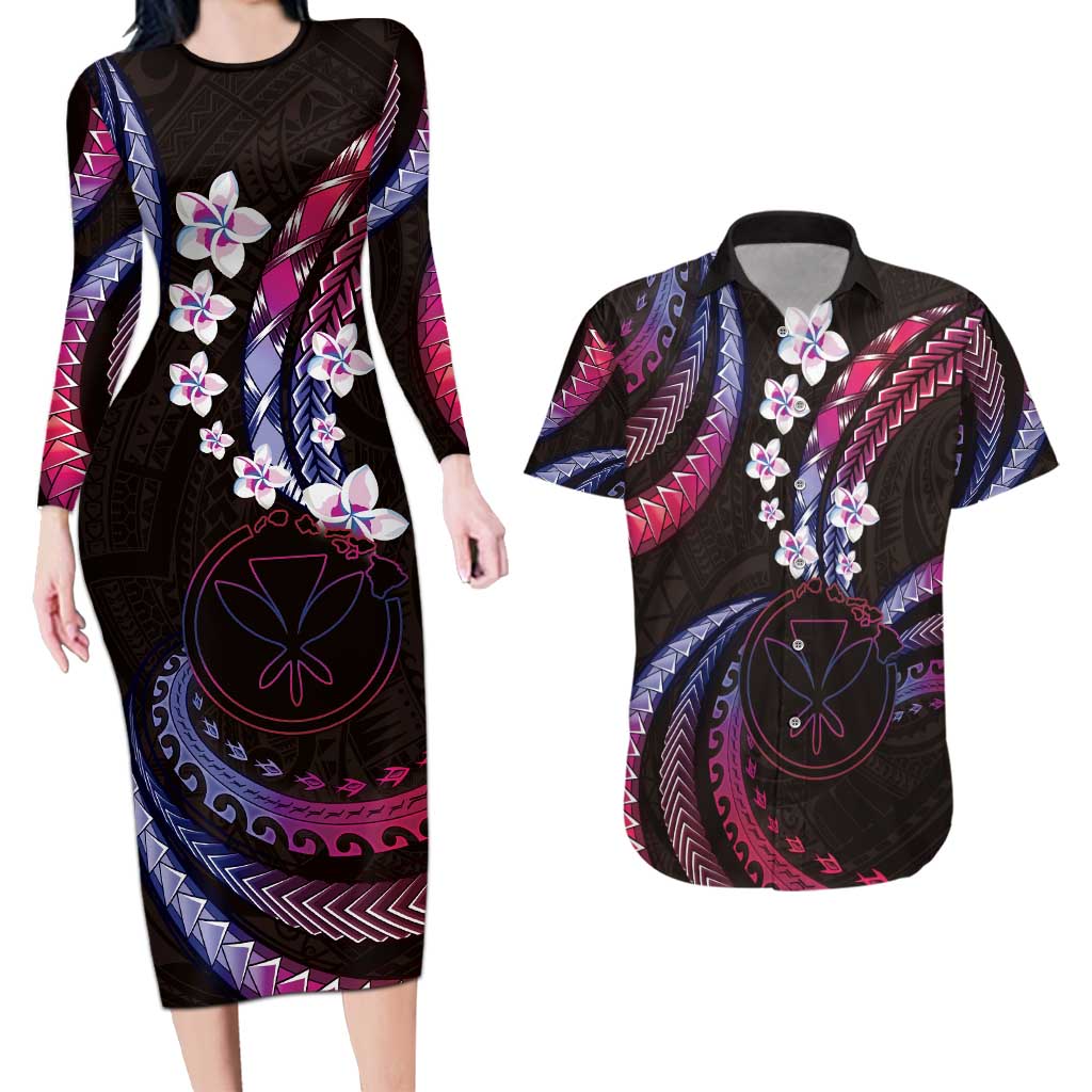 Hawaii Map Kanaka Maoli Couples Matching Long Sleeve Bodycon Dress and Hawaiian Shirt Fantastic Frangipani Sweet Dream LT01 Pink - Polynesian Pride
