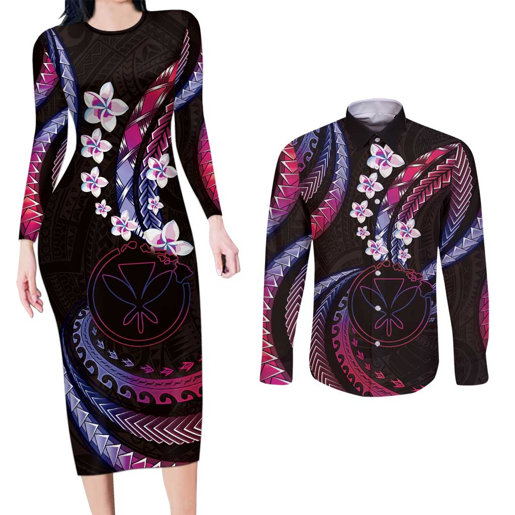 Hawaii Map Kanaka Maoli Couples Matching Long Sleeve Bodycon Dress and Long Sleeve Button Shirt Fantastic Frangipani Sweet Dream LT01 Pink - Polynesian Pride