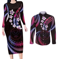 Hawaii Map Kanaka Maoli Couples Matching Long Sleeve Bodycon Dress and Long Sleeve Button Shirt Fantastic Frangipani Sweet Dream LT01 Pink - Polynesian Pride