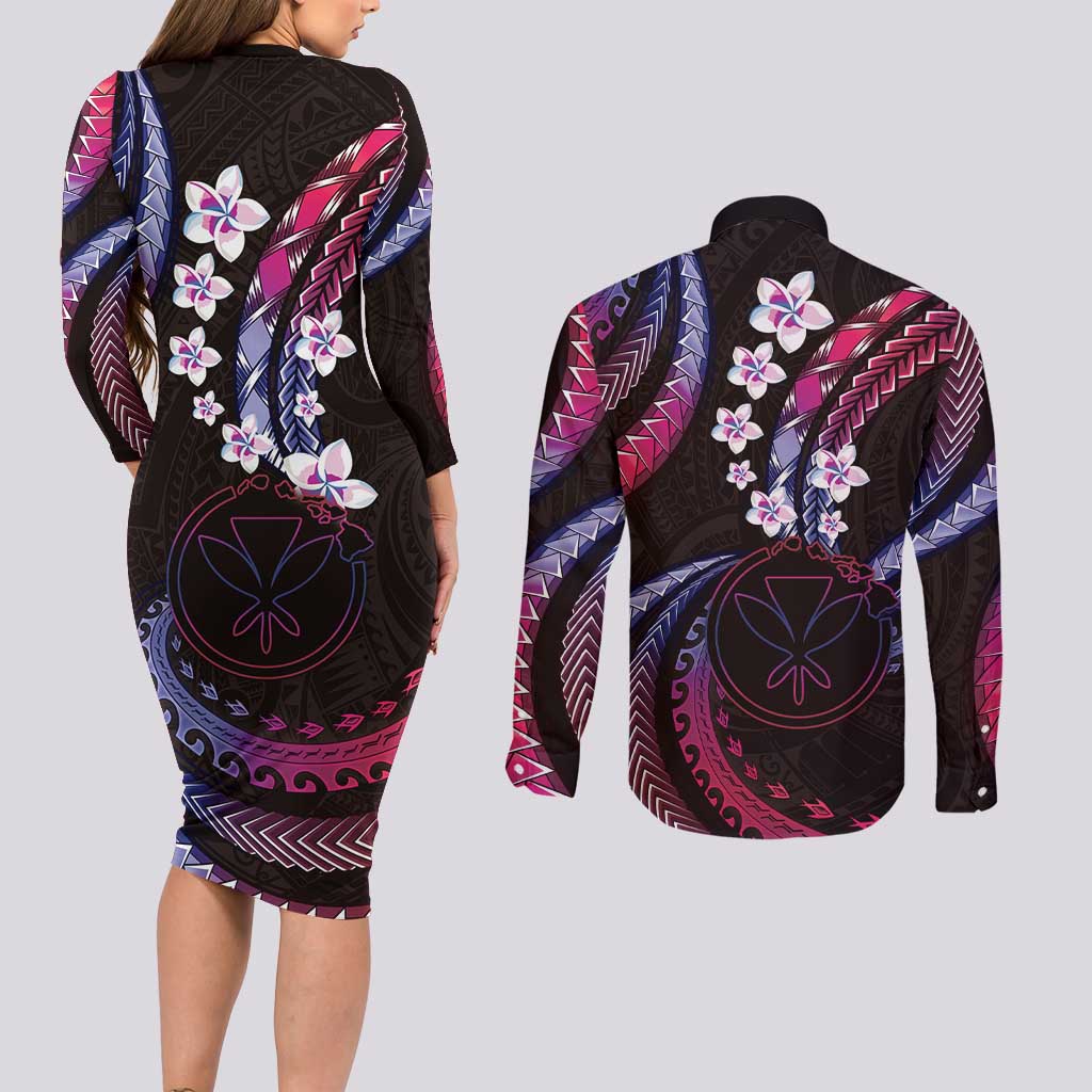 Hawaii Map Kanaka Maoli Couples Matching Long Sleeve Bodycon Dress and Long Sleeve Button Shirt Fantastic Frangipani Sweet Dream LT01 - Polynesian Pride