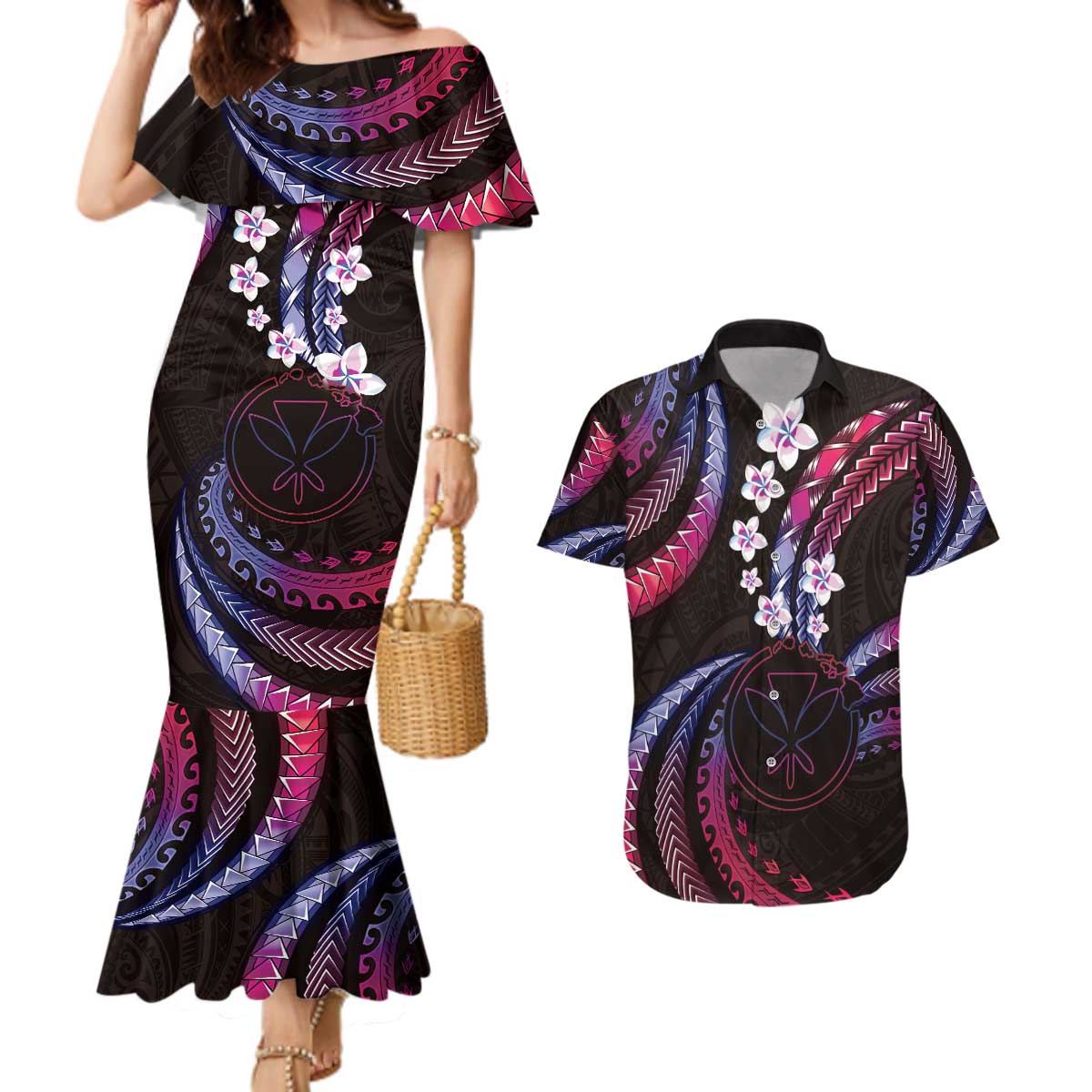 Hawaii Map Kanaka Maoli Couples Matching Mermaid Dress and Hawaiian Shirt Fantastic Frangipani Sweet Dream