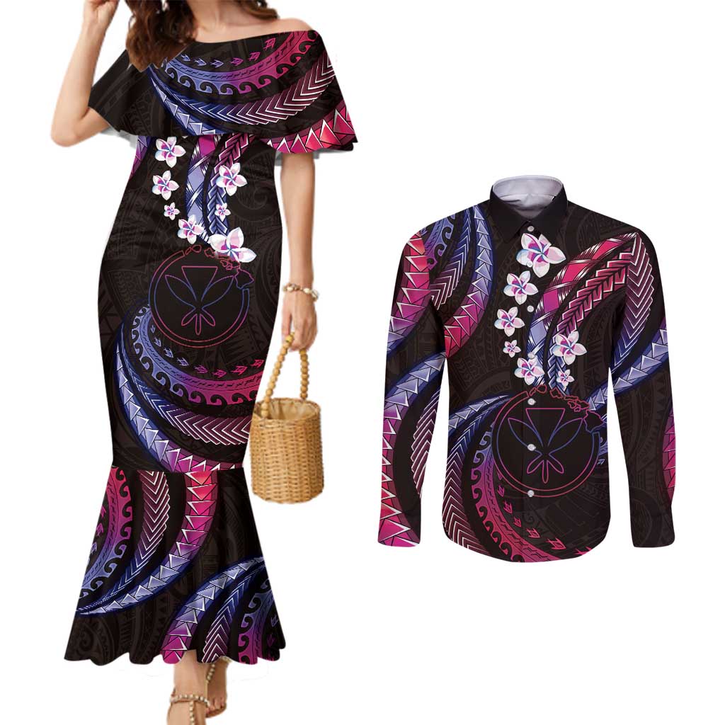 Hawaii Map Kanaka Maoli Couples Matching Mermaid Dress and Long Sleeve Button Shirt Fantastic Frangipani Sweet Dream
