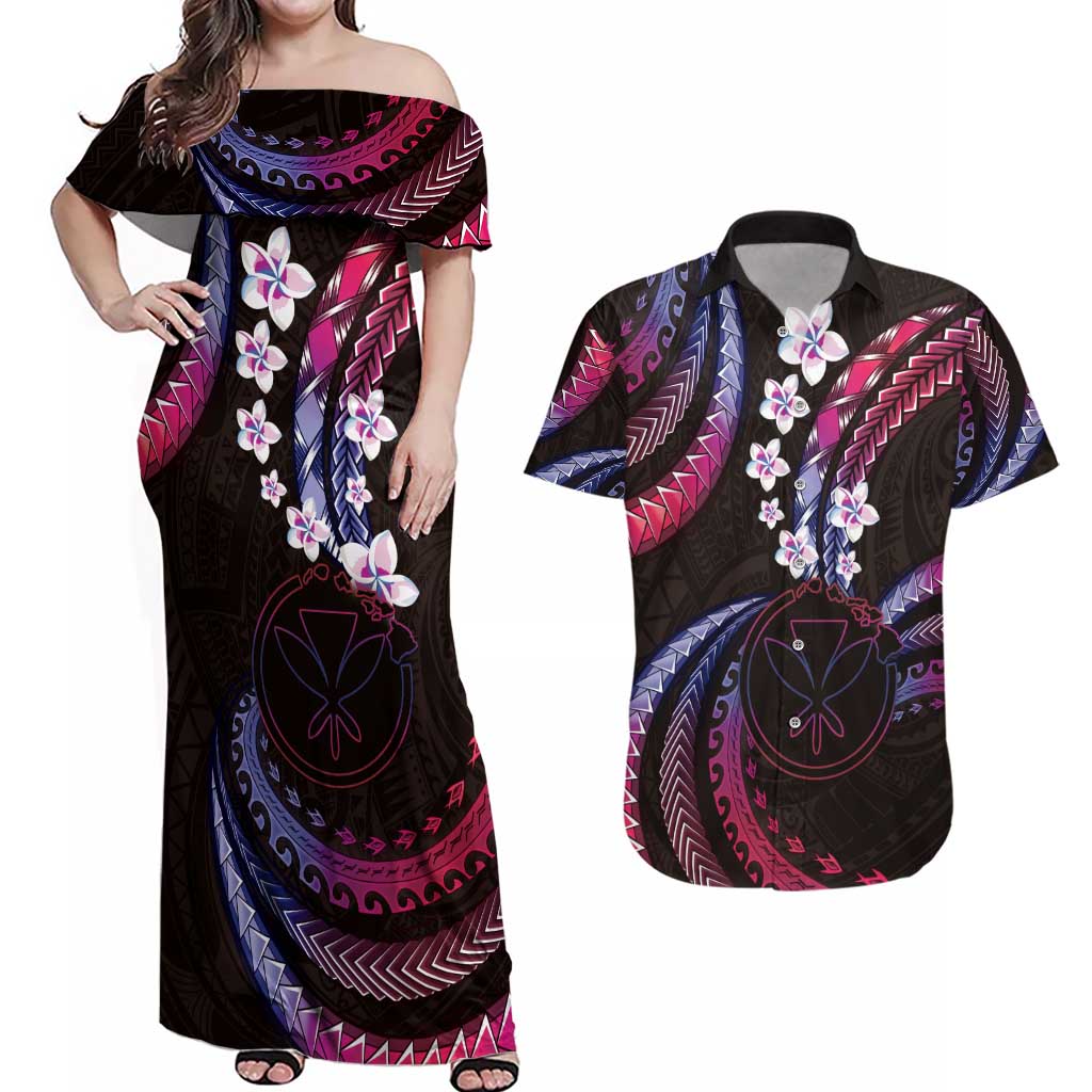 Hawaii Map Kanaka Maoli Couples Matching Off Shoulder Maxi Dress and Hawaiian Shirt Fantastic Frangipani Sweet Dream LT01 Pink - Polynesian Pride