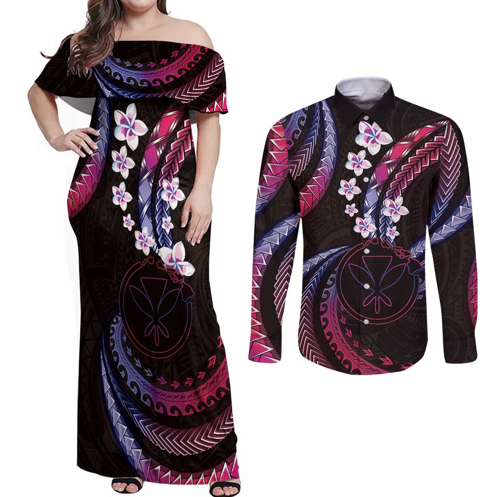 Hawaii Map Kanaka Maoli Couples Matching Off Shoulder Maxi Dress and Long Sleeve Button Shirt Fantastic Frangipani Sweet Dream