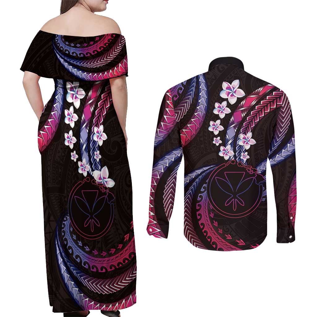 Hawaii Map Kanaka Maoli Couples Matching Off Shoulder Maxi Dress and Long Sleeve Button Shirt Fantastic Frangipani Sweet Dream