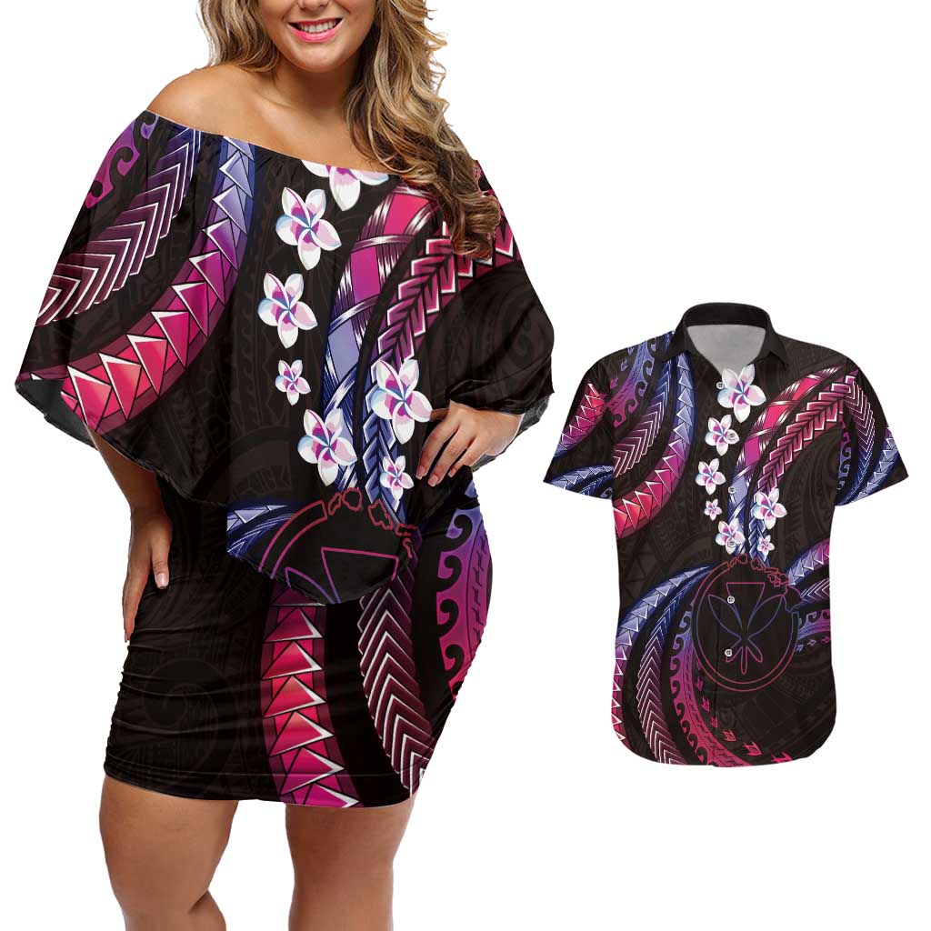 Hawaii Map Kanaka Maoli Couples Matching Off Shoulder Short Dress and Hawaiian Shirt Fantastic Frangipani Sweet Dream LT01 Pink - Polynesian Pride