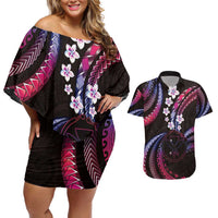 Hawaii Map Kanaka Maoli Couples Matching Off Shoulder Short Dress and Hawaiian Shirt Fantastic Frangipani Sweet Dream LT01 Pink - Polynesian Pride