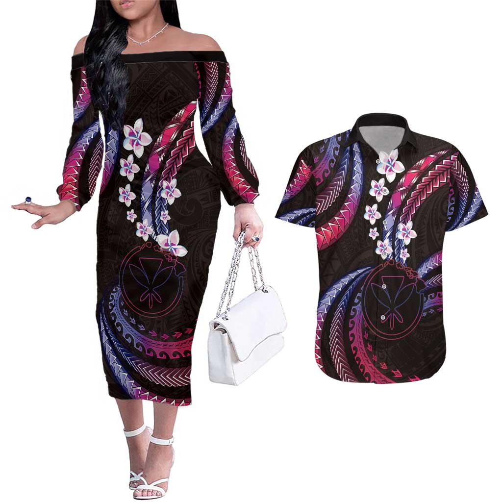 Hawaii Map Kanaka Maoli Couples Matching Off The Shoulder Long Sleeve Dress and Hawaiian Shirt Fantastic Frangipani Sweet Dream