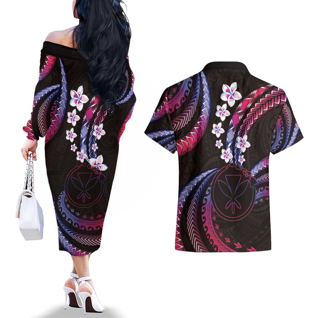 Hawaii Map Kanaka Maoli Couples Matching Off The Shoulder Long Sleeve Dress and Hawaiian Shirt Fantastic Frangipani Sweet Dream LT01 - Polynesian Pride